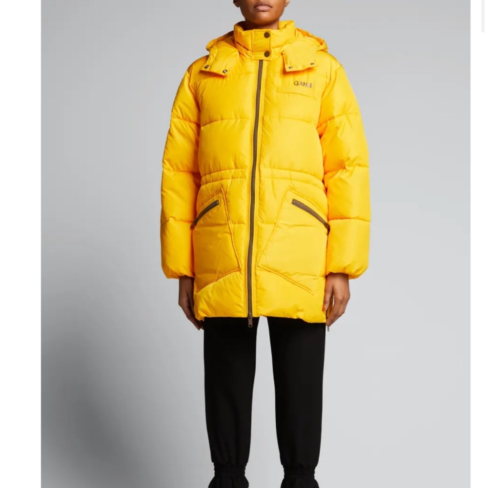 Ganni Tech burnt Yellow Hooded Puffer oversized Coat S/M
